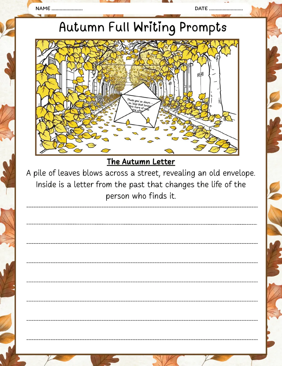 The Autumn Letter writing prompt: blowing leaves reveal an old envelope holding a letter that changes a life.