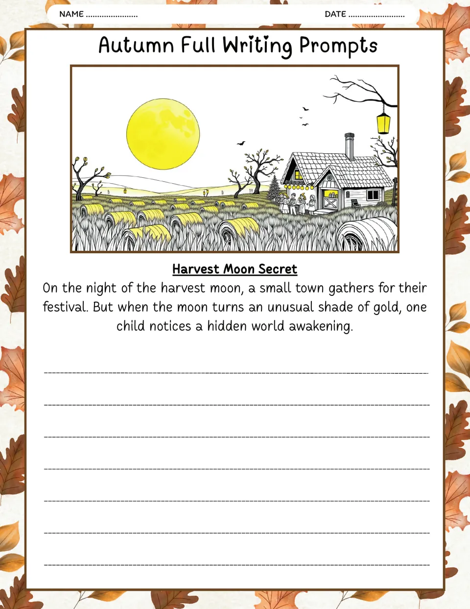 Harvest Moon Secret writing prompt: a child notices a hidden world awakening when the moon turns gold.
