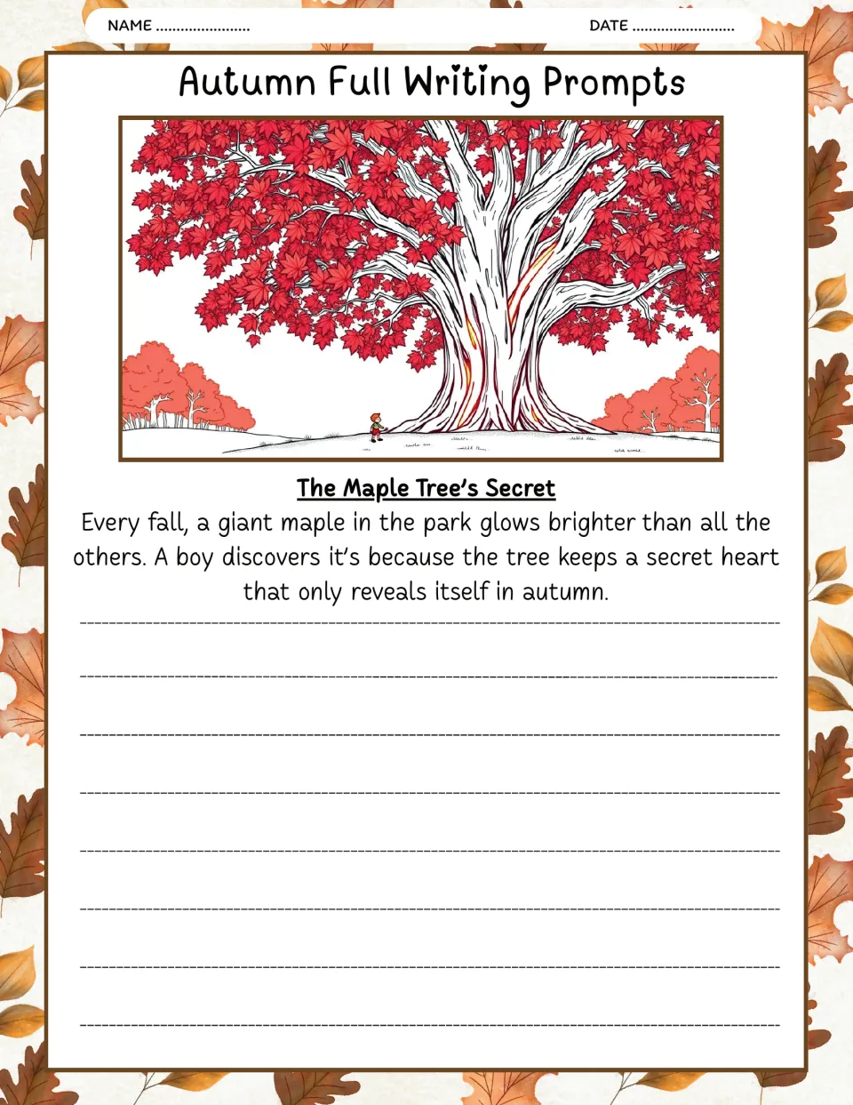 The Maple Tree's Secret writing prompt: a boy discovers a glowing maple has a heart revealed only in autumn.
