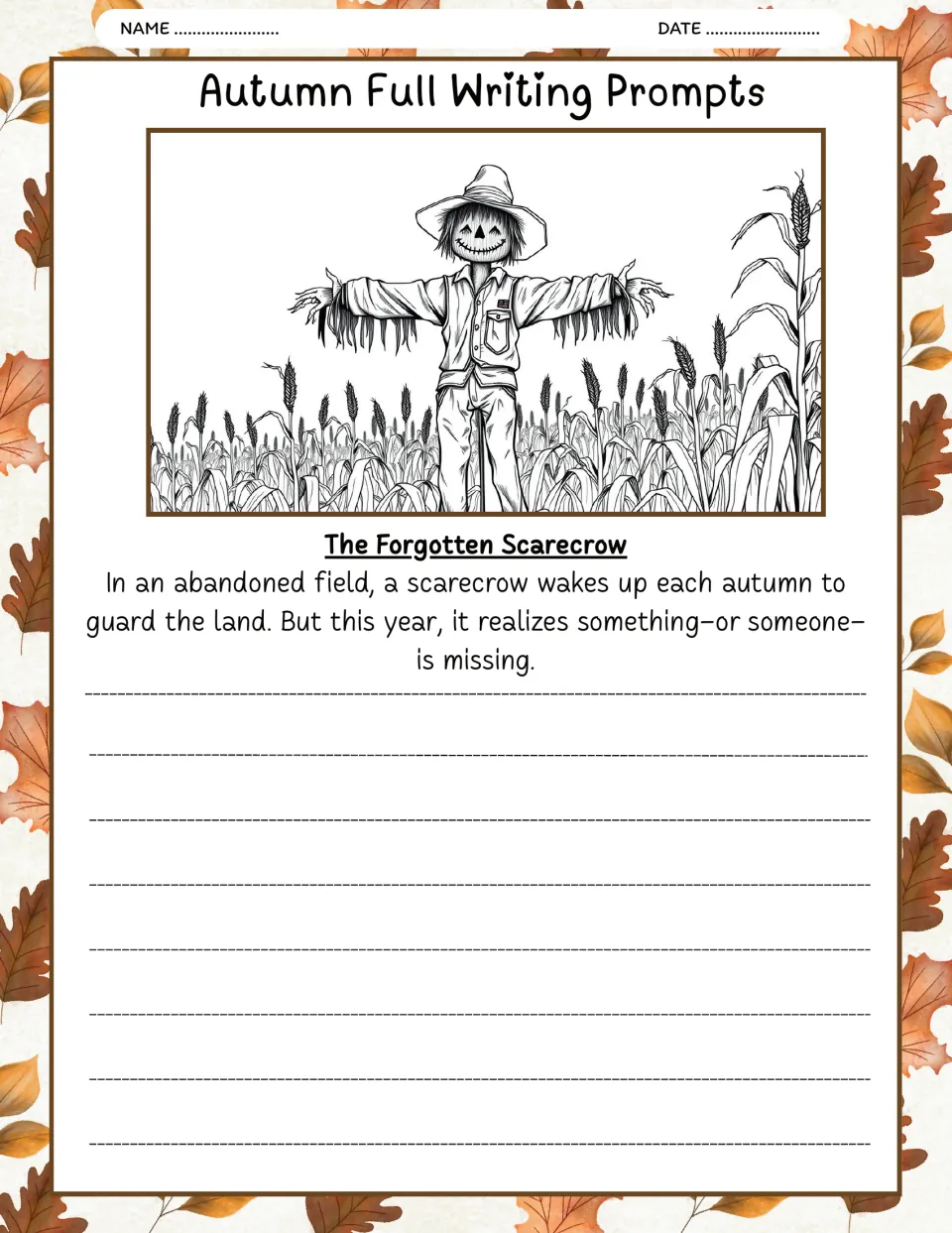 The Forgotten Scarecrow writing prompt: a scarecrow wakes to guard an abandoned field and finds something missing.