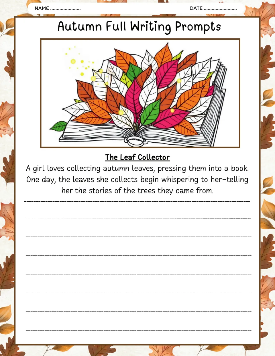 The Leaf Collector writing prompt: a girl's pressed autumn leaves whisper stories about the trees they came from.