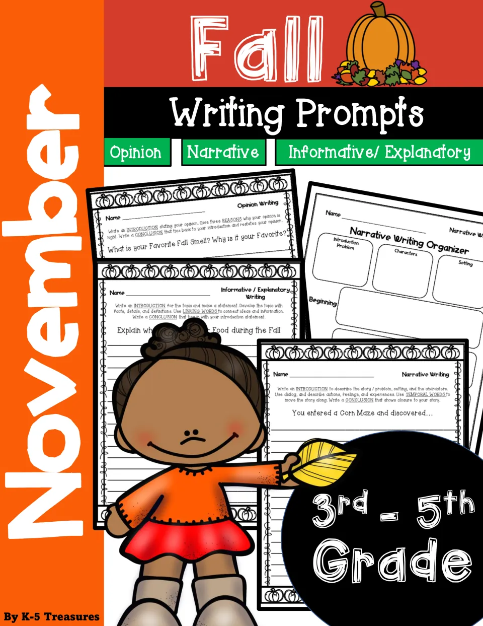November Fall Writing Prompts cover for 3rd-5th grade: opinion, narrative and informative/explanatory prompt pages