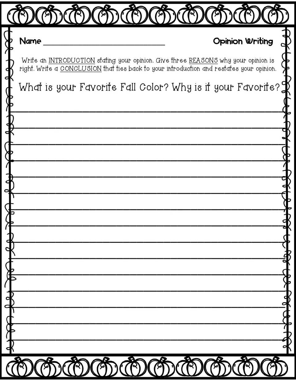 Opinion prompt 'What is your Favorite Fall Color? Why is it your Favorite?' asking for an intro, three reasons, conclusion