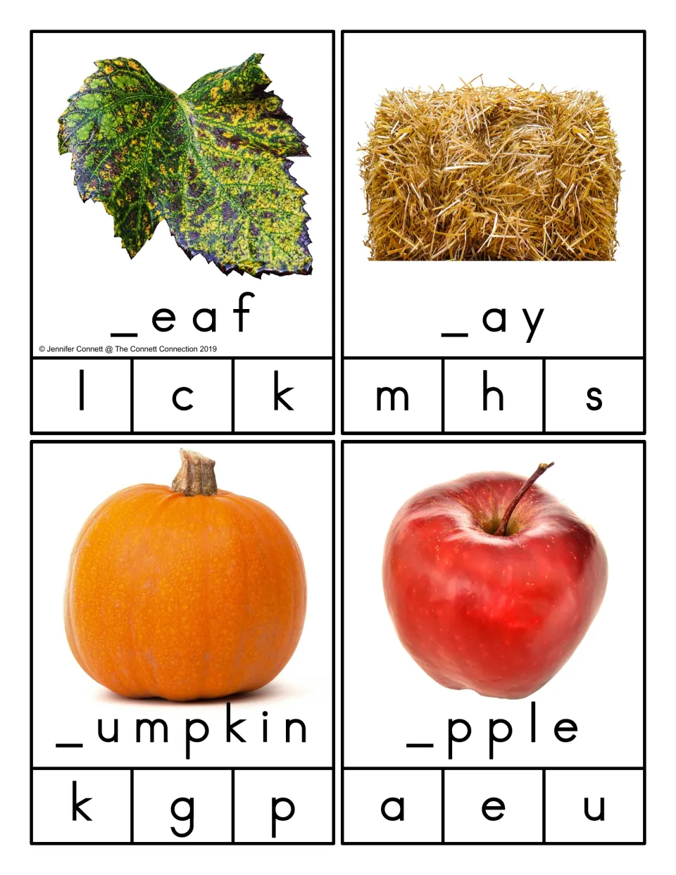 Beginning sounds: students clip the missing first letter for leaf, hay, pumpkin and apple photo cards from three choices