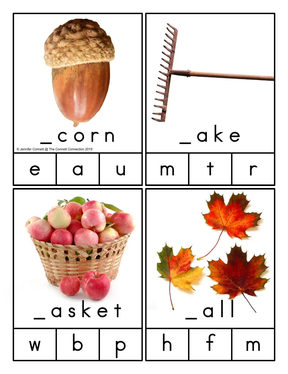 Initial letters: acorn, rake, basket and fall cards show photos with the first letter missing and three letter choices