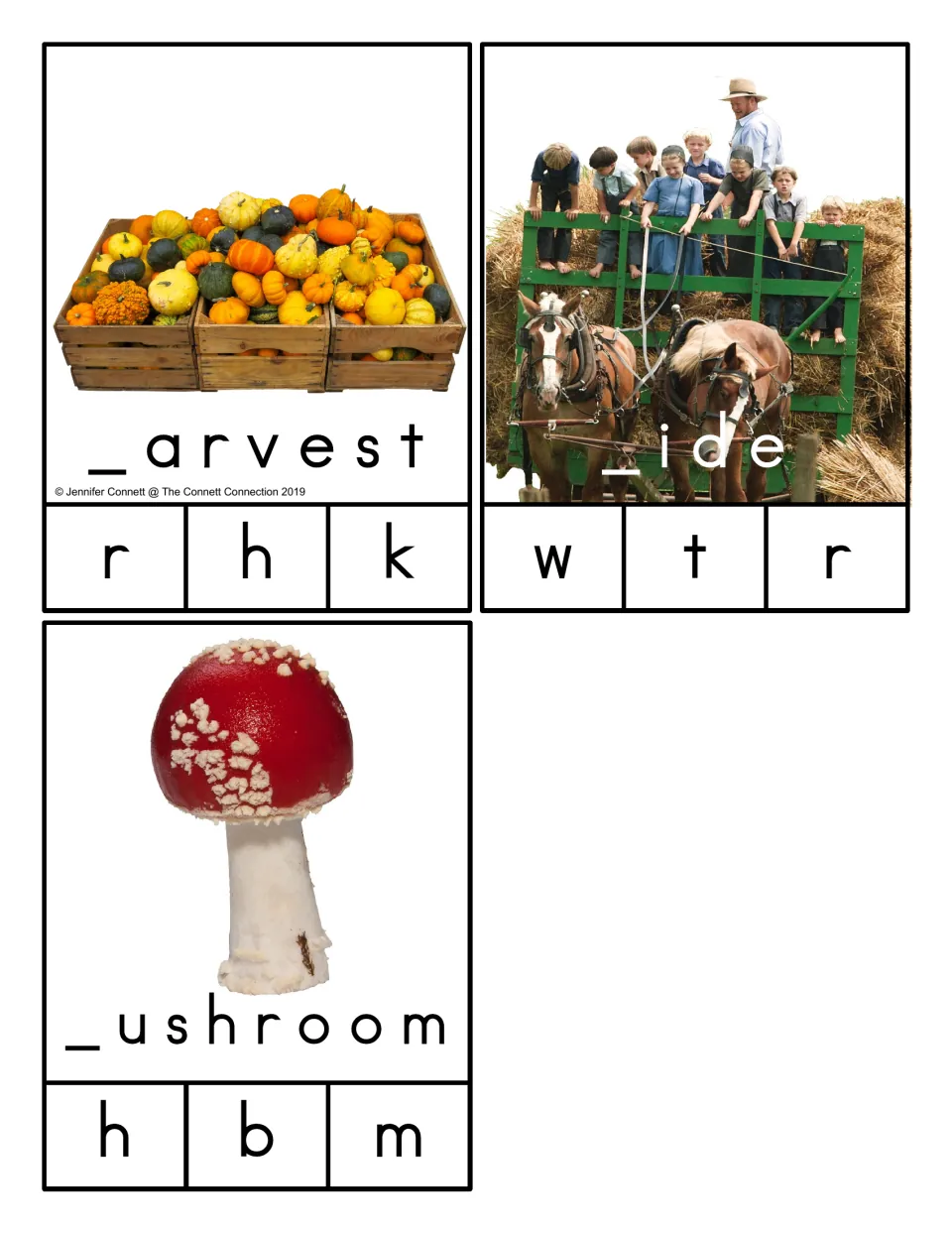 First sounds: harvest, ride and mushroom photo cards where students pick r, h, k or w, t, r or h, b, m to finish words