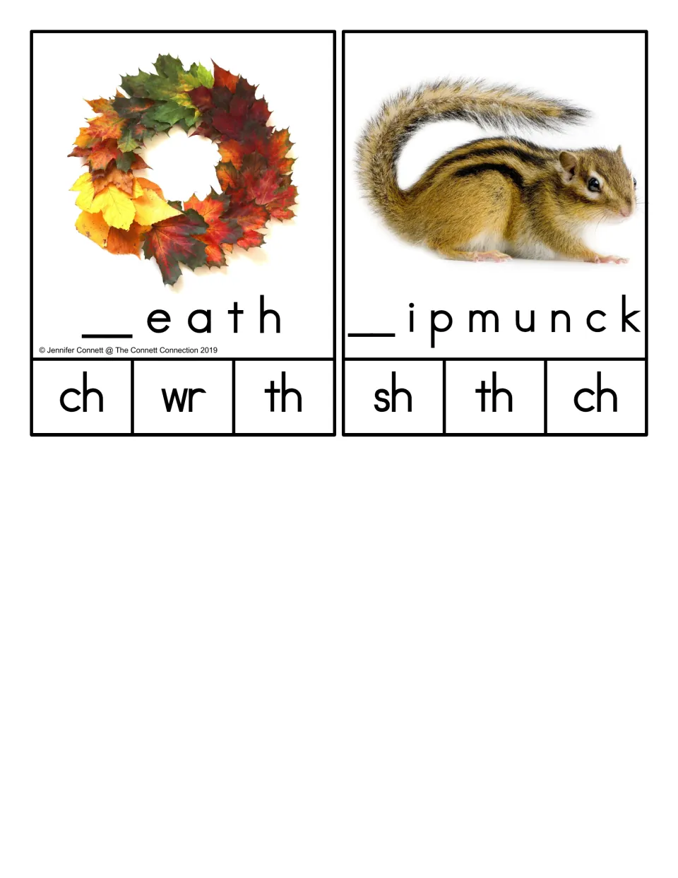 Digraphs and wr: wreath and chipmunk cards ask students to clip ch, wr, th or sh to complete each word under the photo