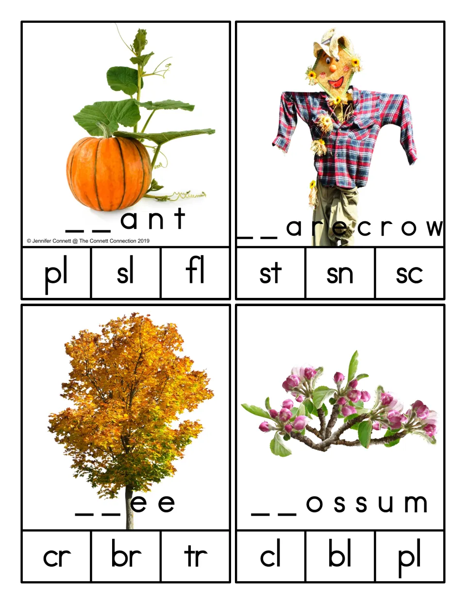 Two-letter blends: plant, scarecrow, tree and blossom cards where students clip pl, sc, tr or bl to finish each fall word