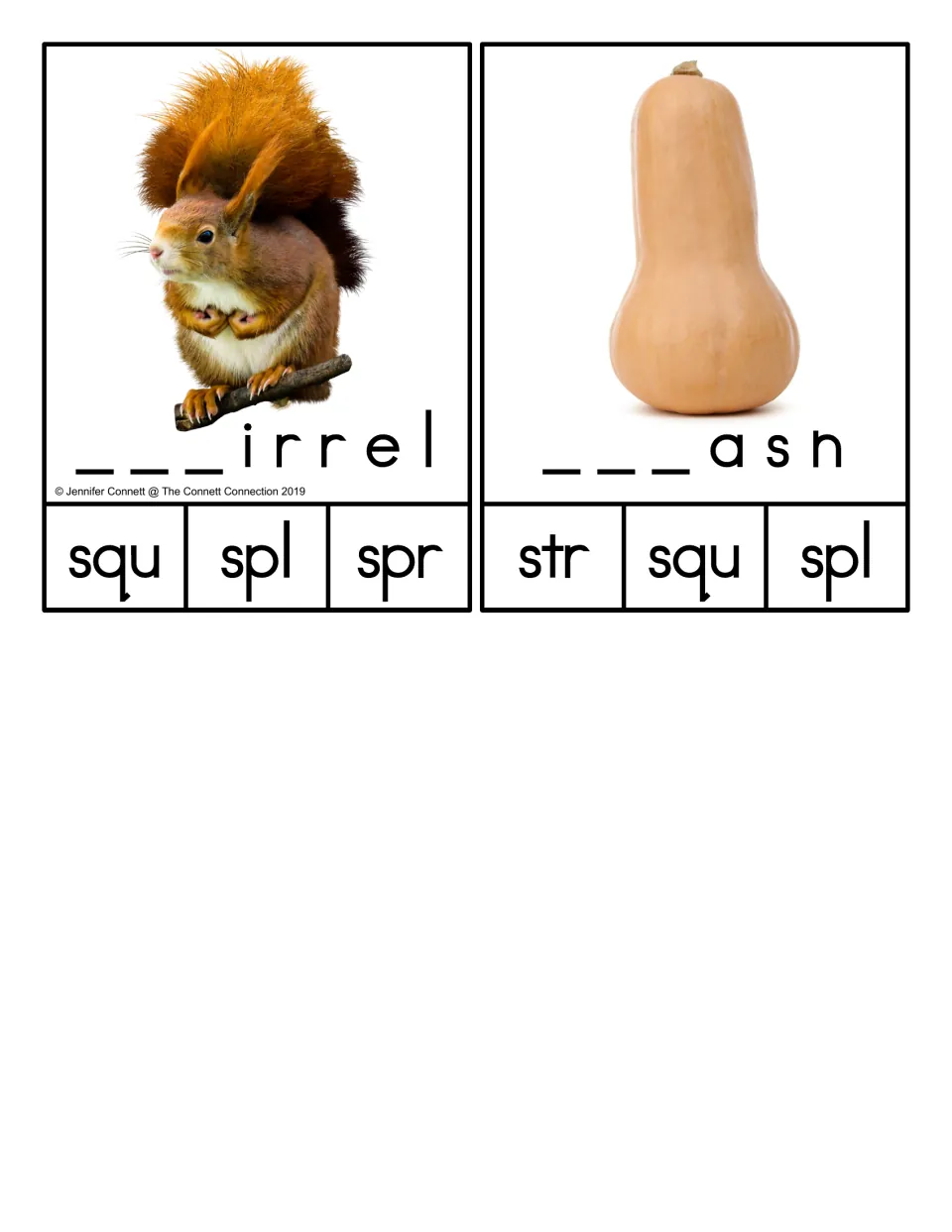 Three-letter blends: squirrel and squash photo cards with squ, spl, spr or str choices to clip for the missing beginning