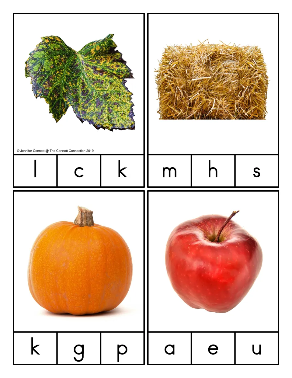 Picture-only version: leaf, hay bale, pumpkin and apple photos with no word shown; students clip the first letter heard