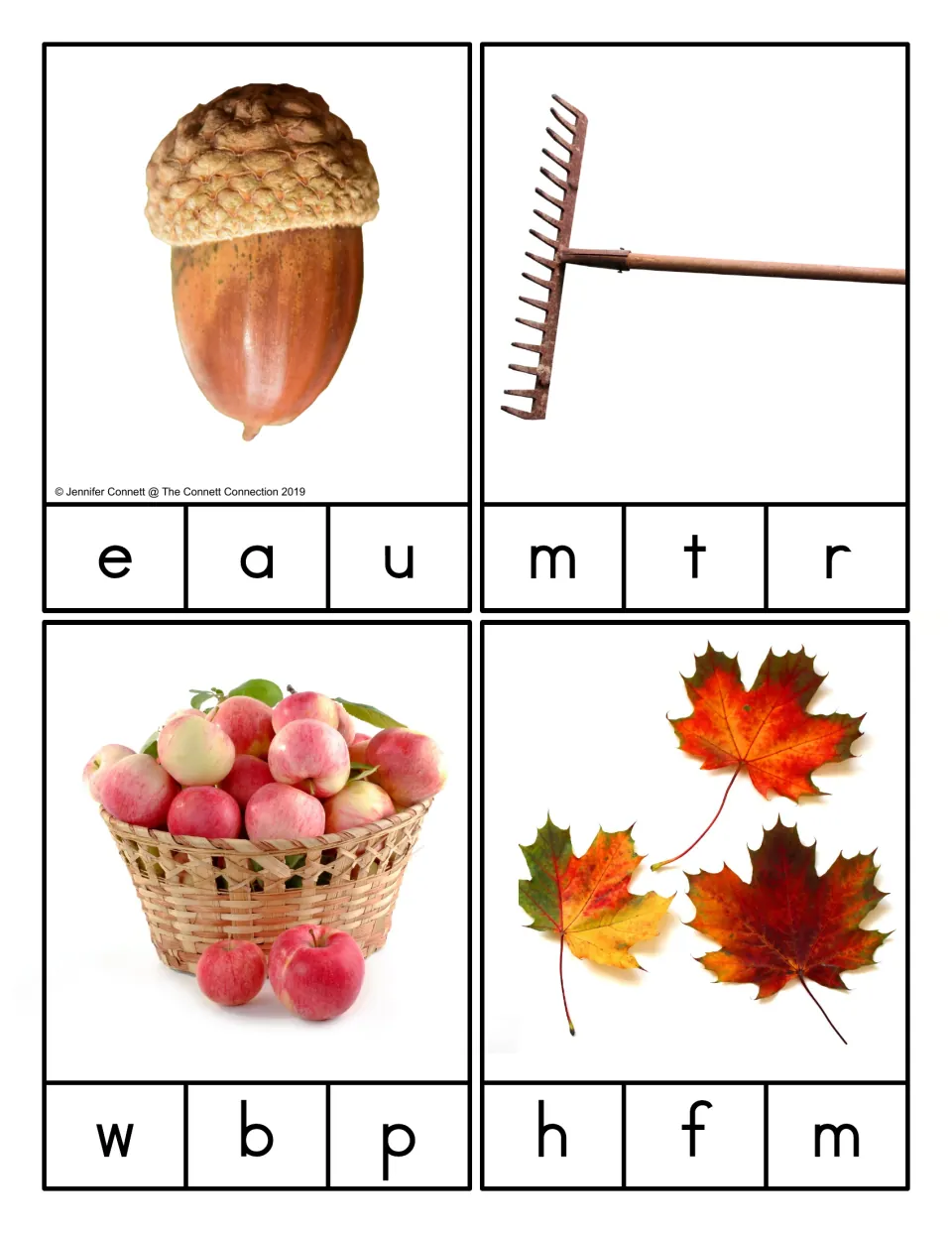 Picture-only cards: acorn, rake, apple basket and fall leaves photos; students say each word and clip its beginning letter