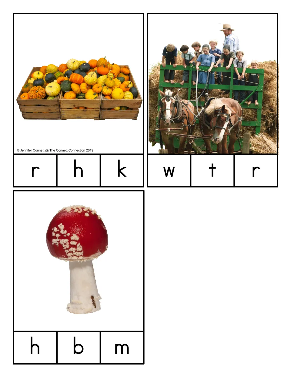 Picture-only cards: crates of gourds, horse-drawn hayride and red mushroom photos, each with three letters to clip from