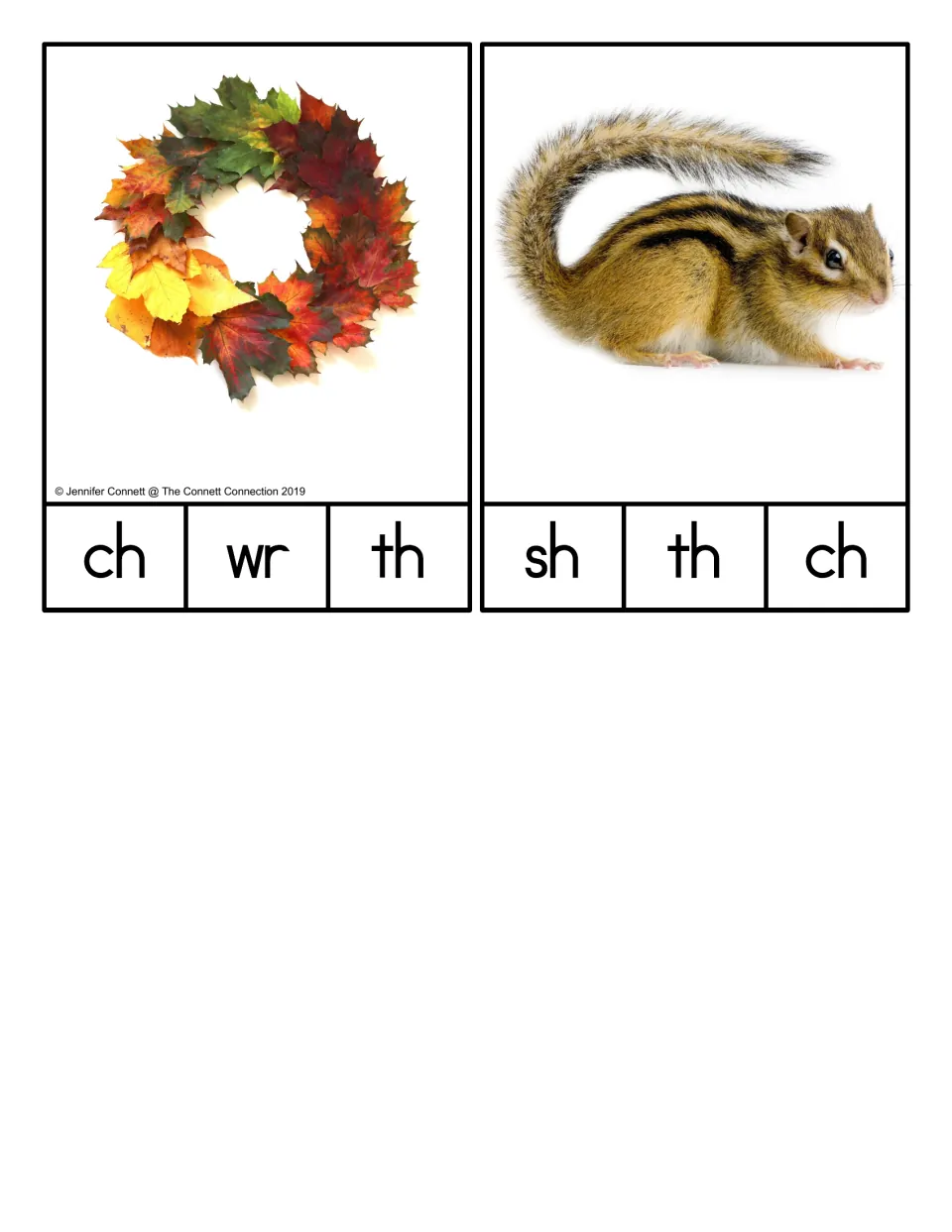 Picture-only digraph cards: leaf wreath and chipmunk photos where students clip ch, wr, th or sh for the starting sound