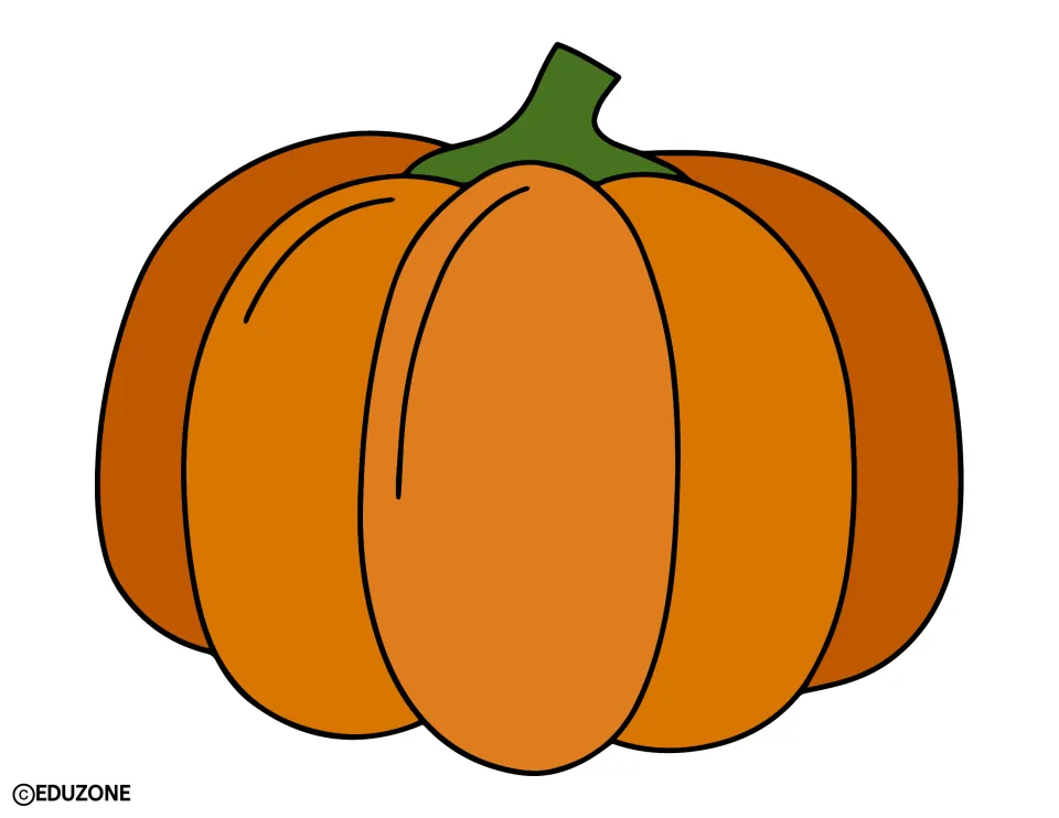 Pumpkin decoration: one large orange pumpkin with a curved green stem and shine marks on its left side, ready to cut out
