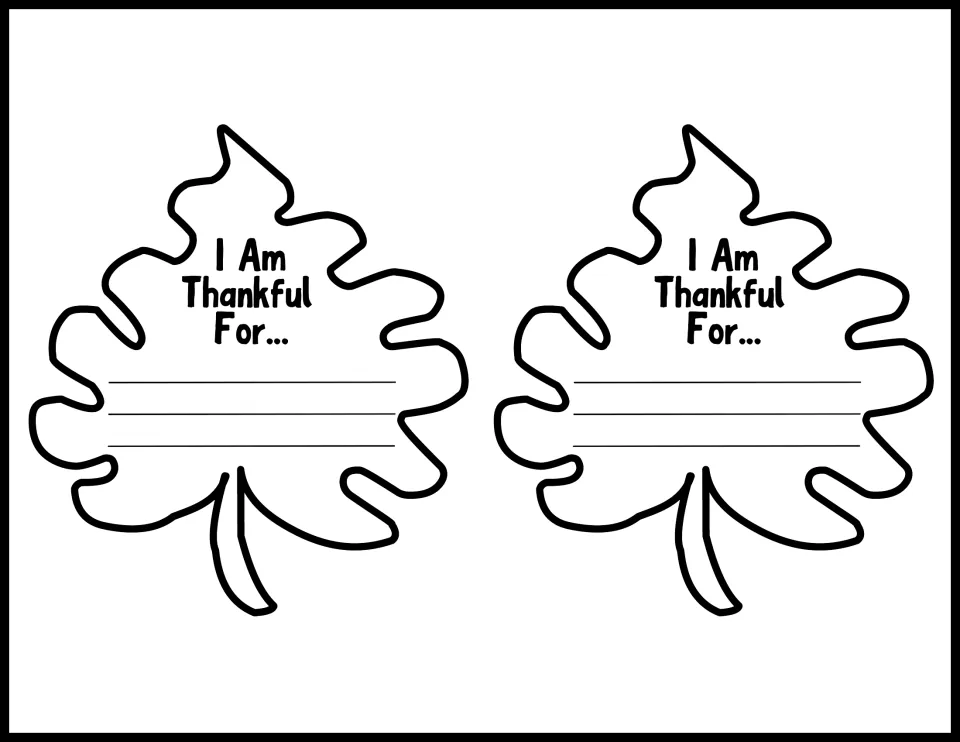 Two upright lobed leaf templates reading 'I Am Thankful For...' for students' fall bulletin board writing