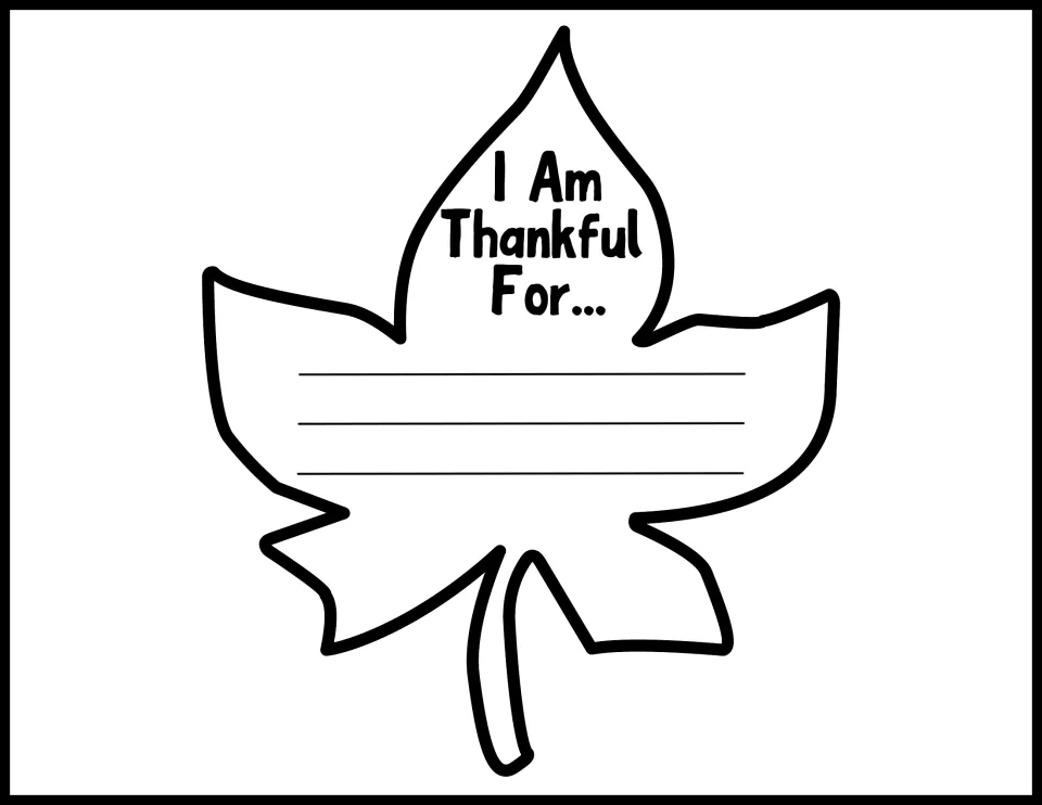 Large narrow-tipped leaf template reading 'I Am Thankful For...' for students to personalize and display