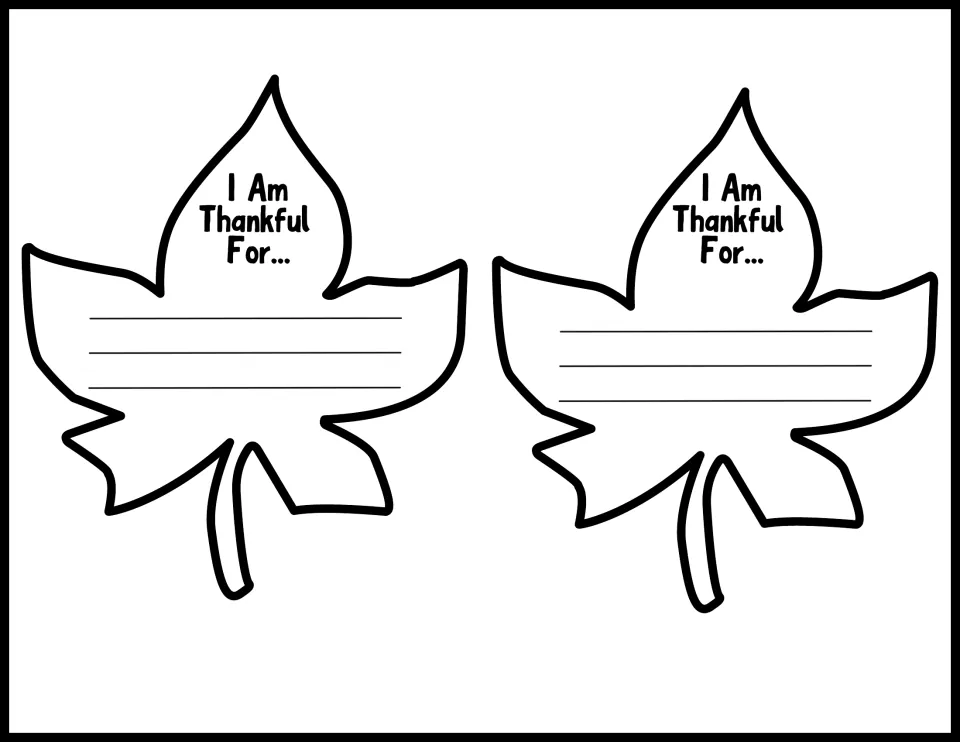 Two narrow-tipped leaf templates reading 'I Am Thankful For...' for students to personalize and display