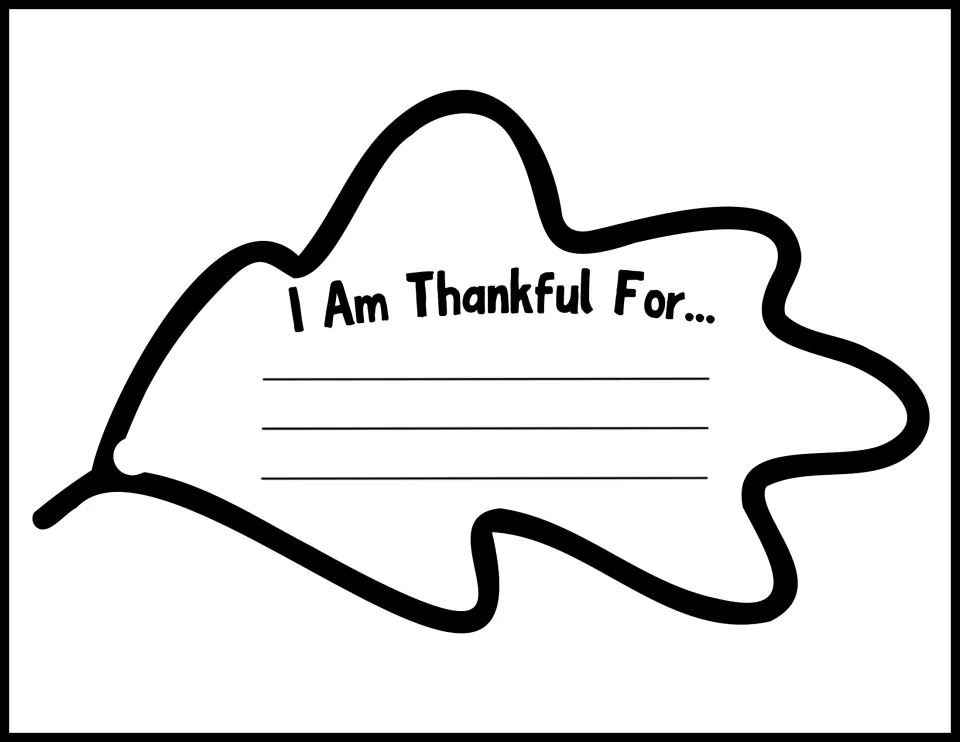 Large sideways lobed leaf template reading 'I Am Thankful For...' for students' fall bulletin board writing