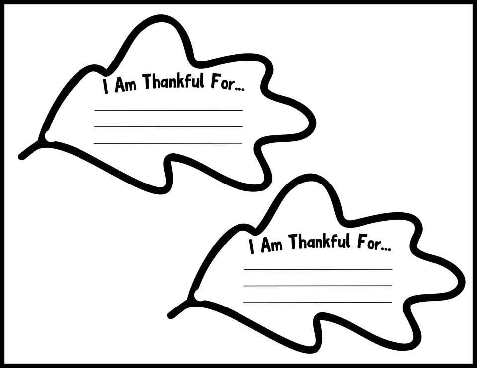 Two sideways lobed leaf templates reading 'I Am Thankful For...' for students' fall bulletin board writing