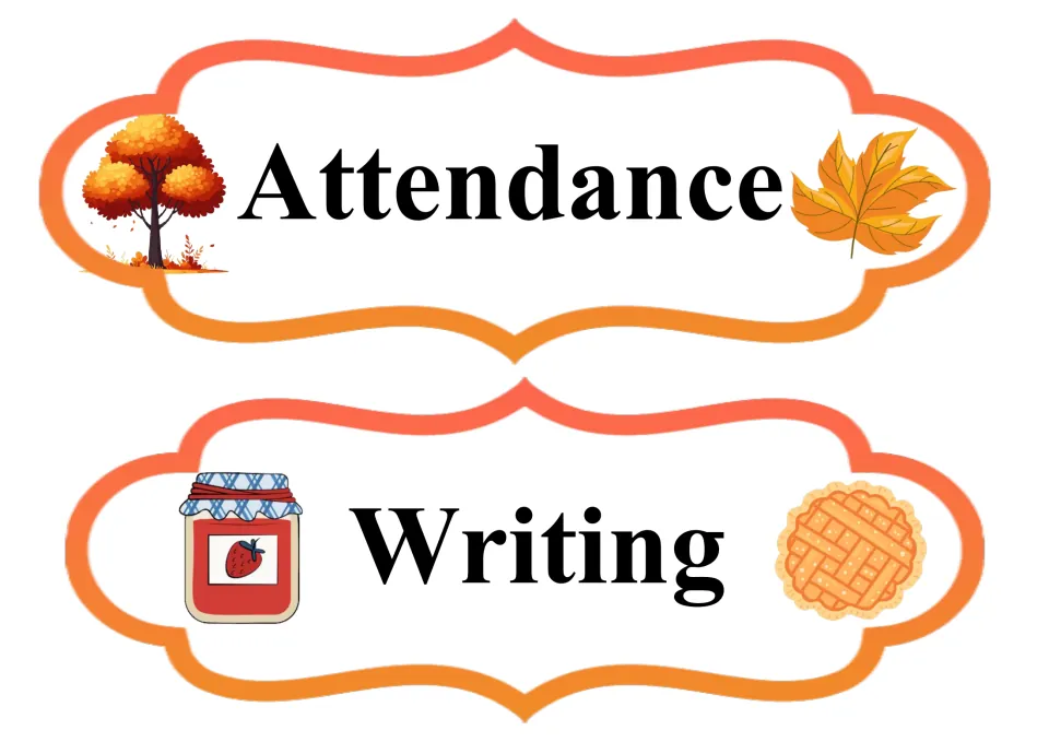 Fall daily schedule cards for Attendance and Writing, beginning the set of cards in regular lettering