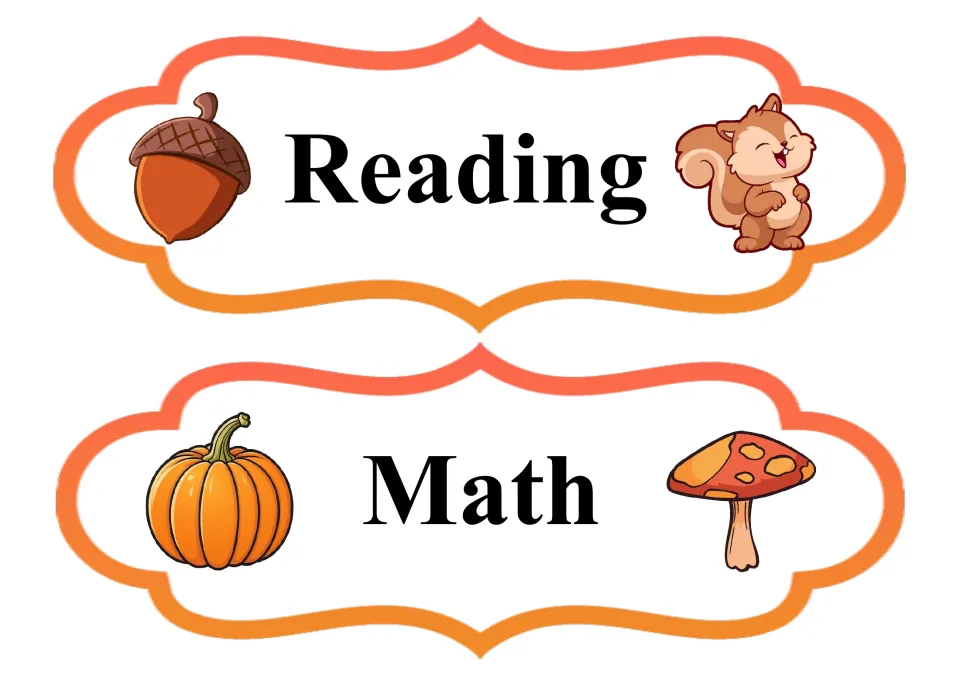 Fall daily schedule cards for Reading and Math, continuing the classroom routine set in regular lettering