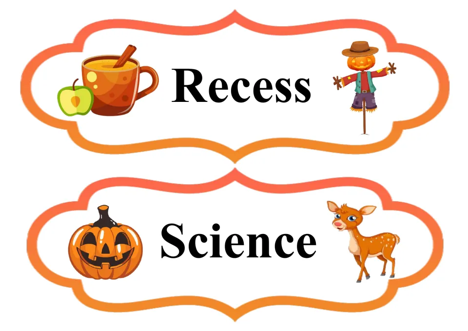 Fall daily schedule cards for Recess and Science, continuing the classroom routine set in regular lettering