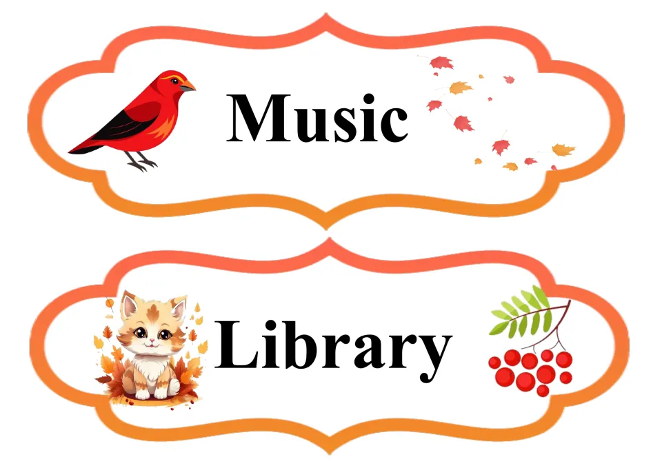 Fall daily schedule cards for Music and Library, continuing the classroom routine set in regular lettering