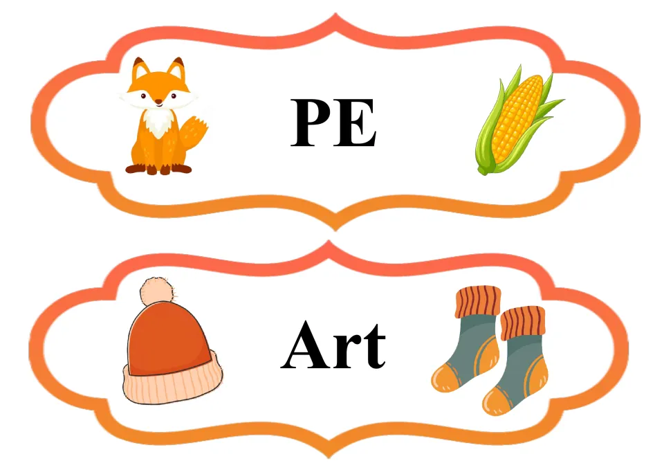 Fall daily schedule cards for PE and Art, continuing the classroom routine card set in regular lettering