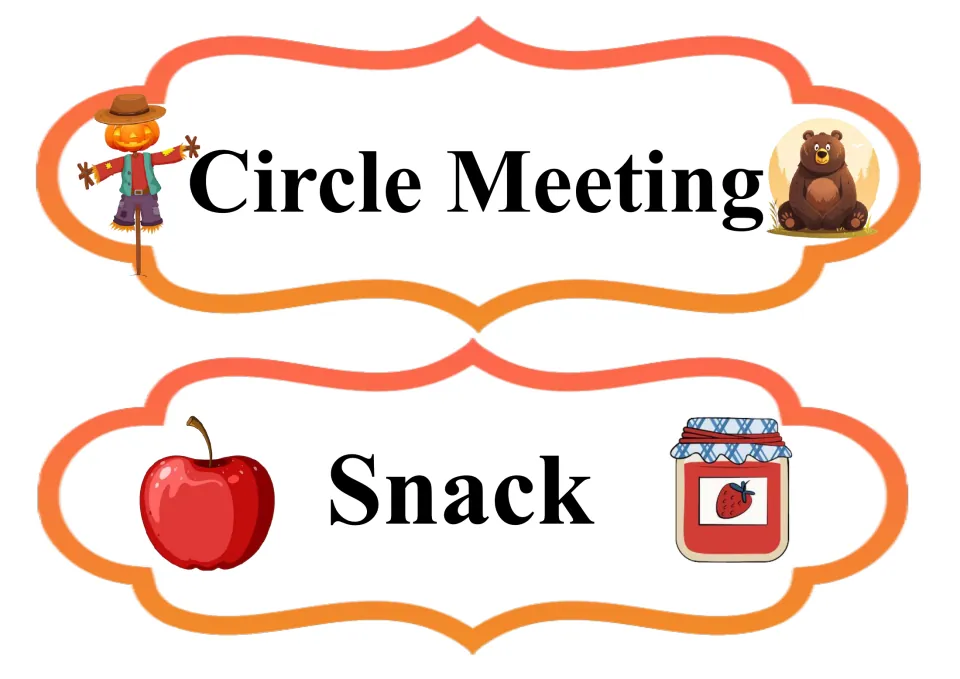 Fall daily schedule cards for Circle Meeting and Snack, part of the classroom set in regular lettering