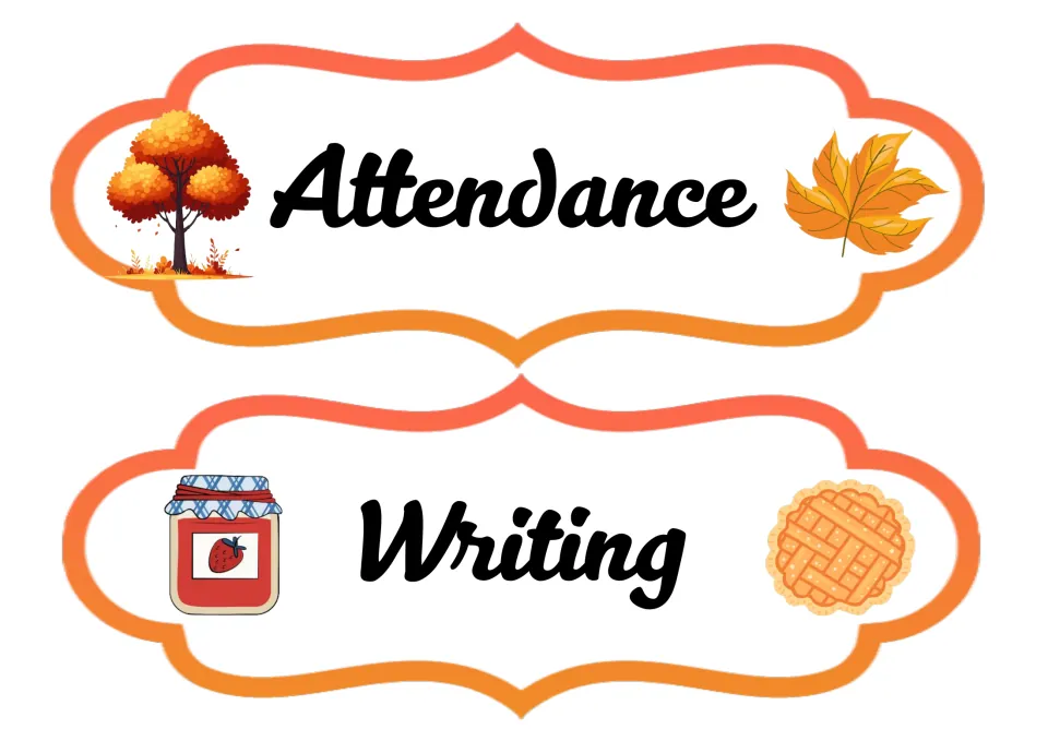 Fall daily schedule cards for Attendance and Writing, beginning the alternate set with cursive lettering