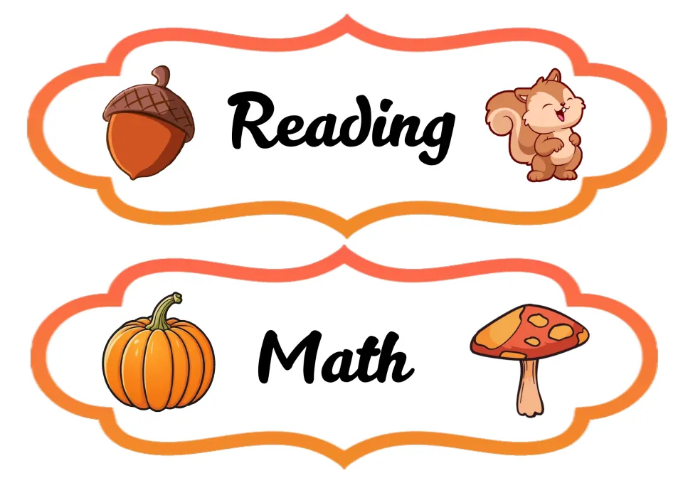 Fall daily schedule cards for Reading and Math, continuing the alternate card set with cursive lettering