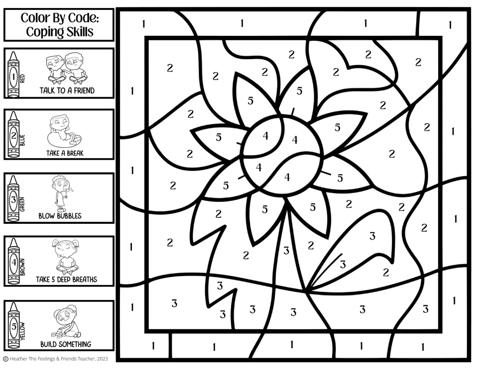 Sunflower color by code: students color numbered spaces using a 5-skill key, from talk to a friend to build something