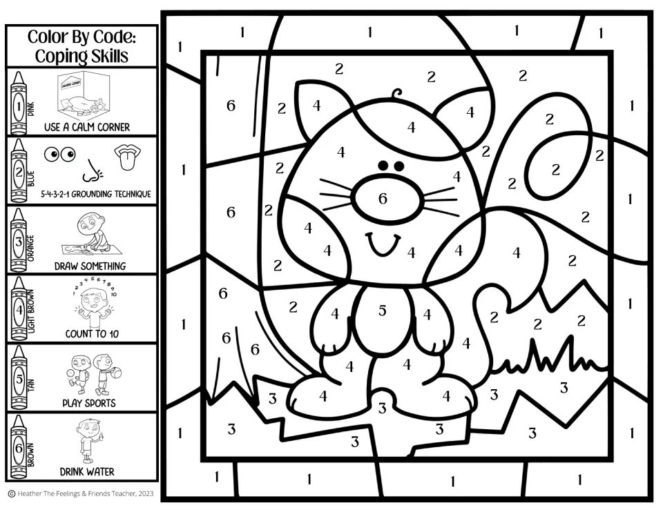 Cat color by code: a 6-color coping key includes calm corner, 5-4-3-2-1 grounding, count to 10 and drink water