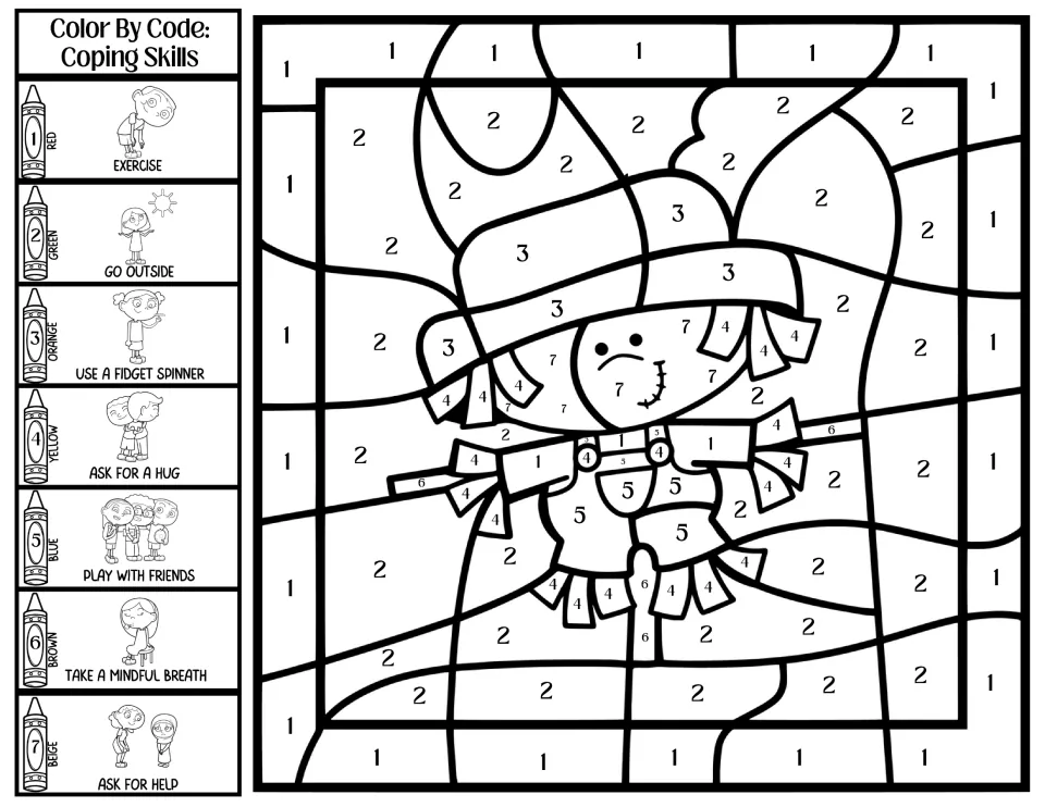 Scarecrow color by code: students color by a 7-skill key such as exercise, go outside, ask for a hug and ask for help