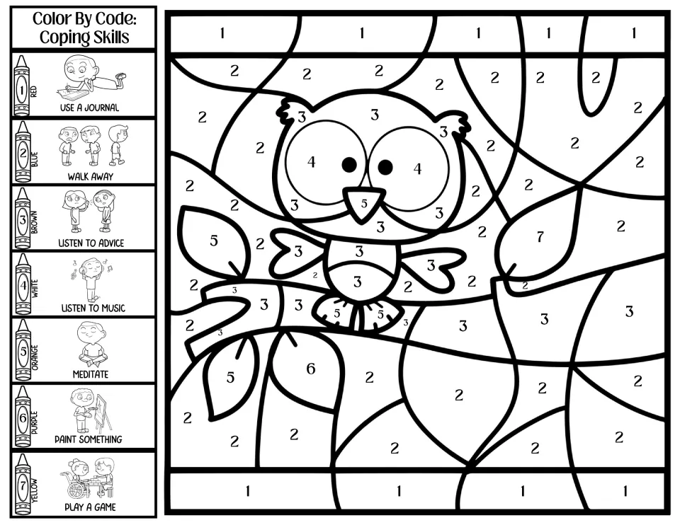 Owl on a branch color by code: 7-skill key with use a journal, walk away, listen to music, meditate and play a game