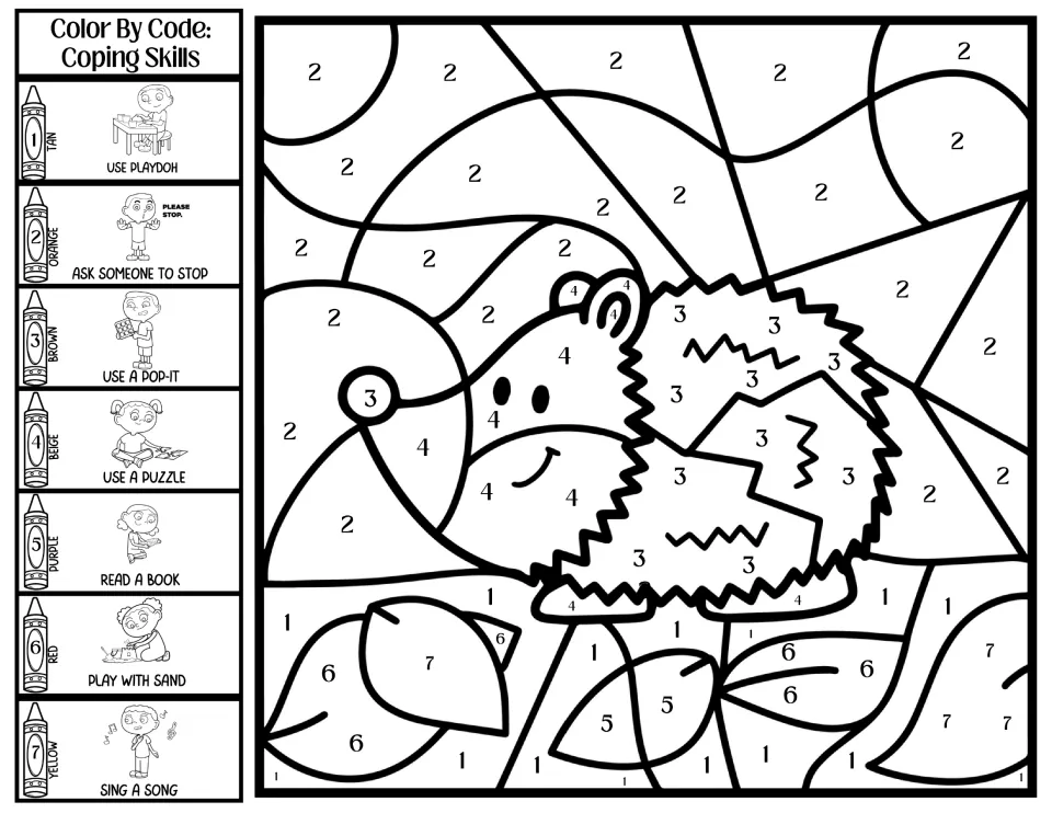 Hedgehog among leaves color by code: key lists use playdoh, ask someone to stop, use a pop-it, read a book and sing a song