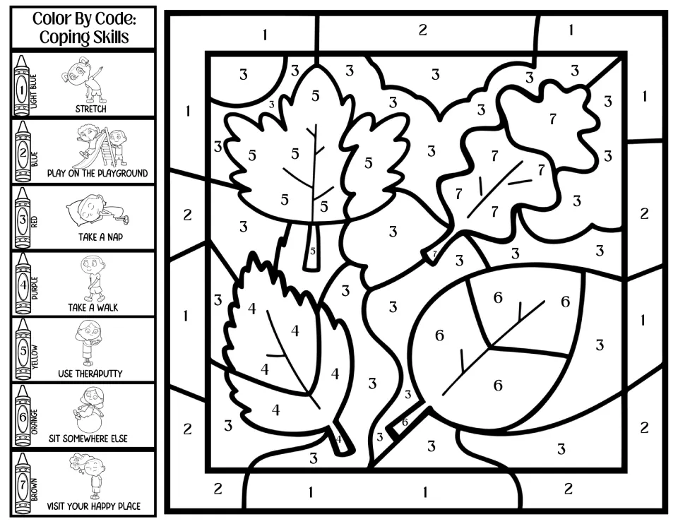 Fall leaves color by code: students follow a 7-skill key including stretch, take a nap, use theraputty and take a walk