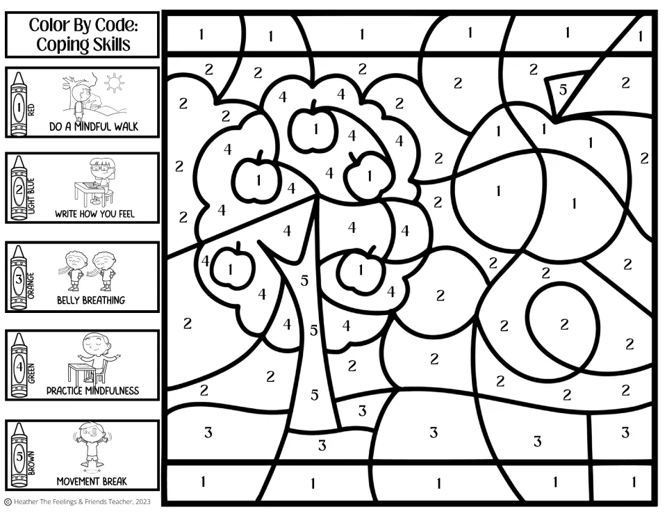 Apple tree color by code: 5-color key with do a mindful walk, write how you feel, belly breathing and movement break