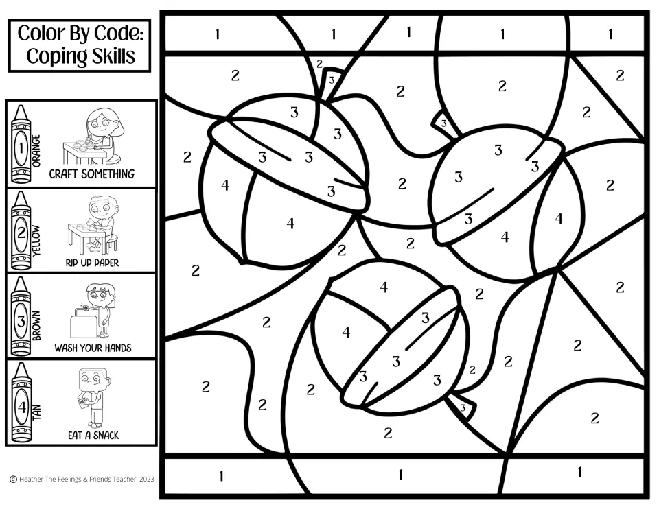 Acorns color by code: a 4-color key matches craft something, rip up paper, wash your hands and eat a snack