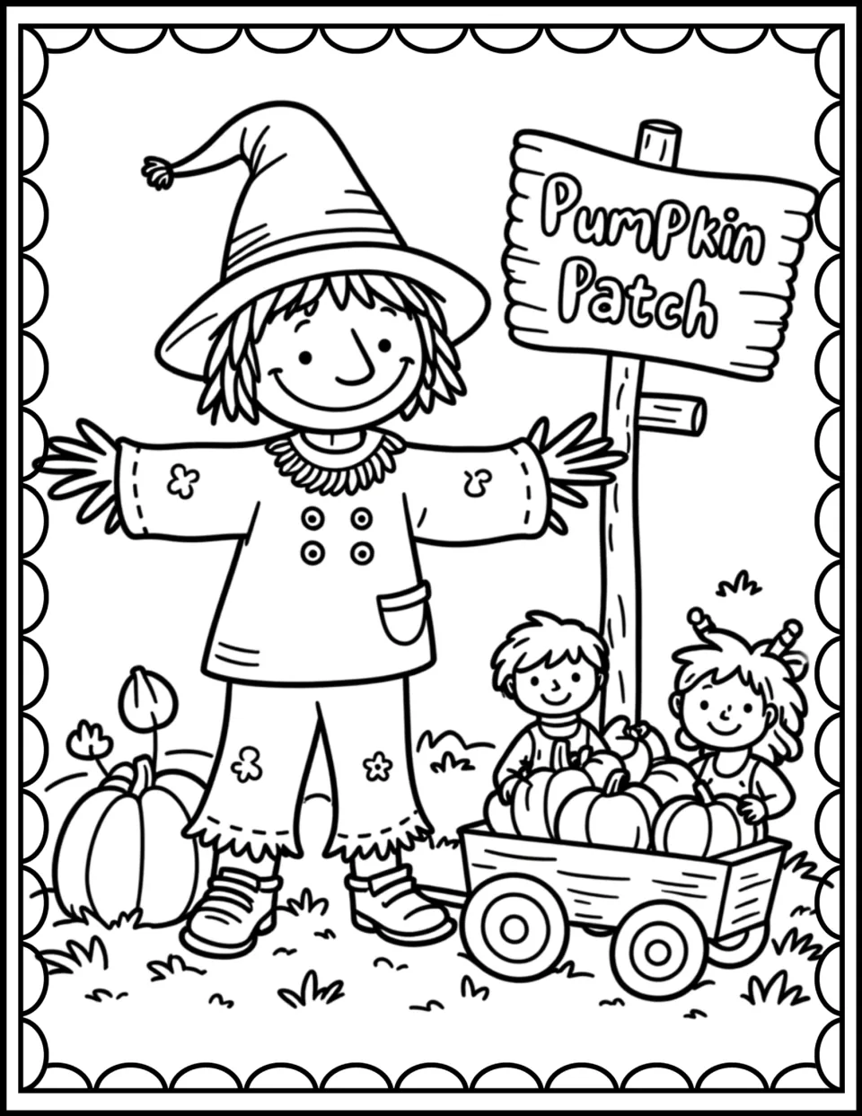 Pumpkin patch coloring page: students color a smiling scarecrow, a Pumpkin Patch sign and two kids with a pumpkin wagon