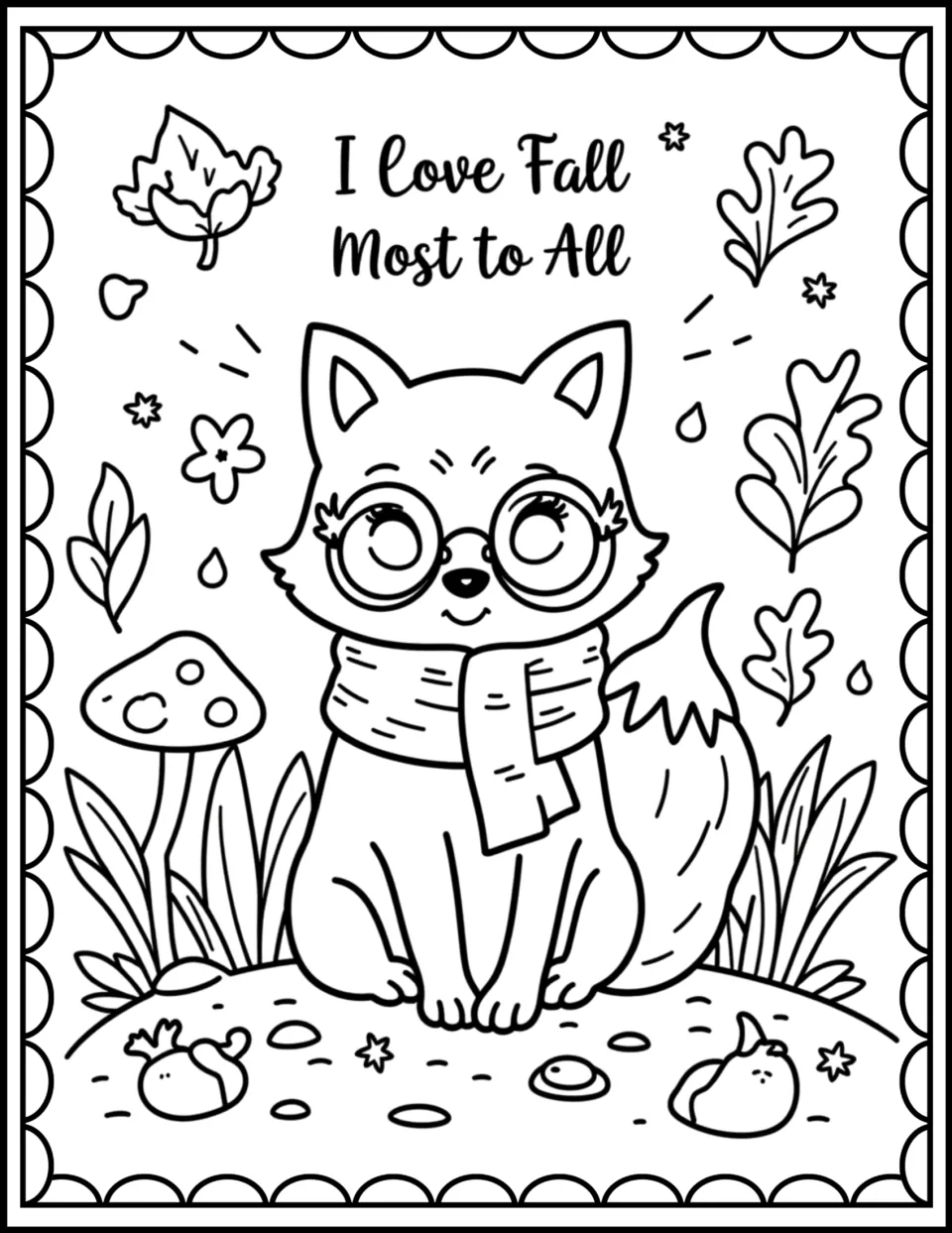 I Love Fall Most to All coloring page: students color a fox in glasses and a scarf, with a mushroom and falling leaves