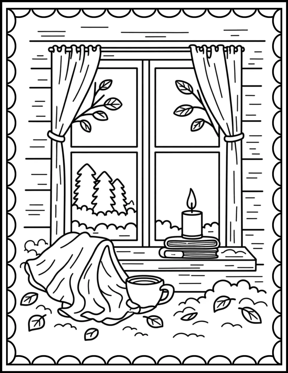 Cozy autumn window scene to color: curtains, trees and leafy branches outside, a candle on books, a blanket and a mug