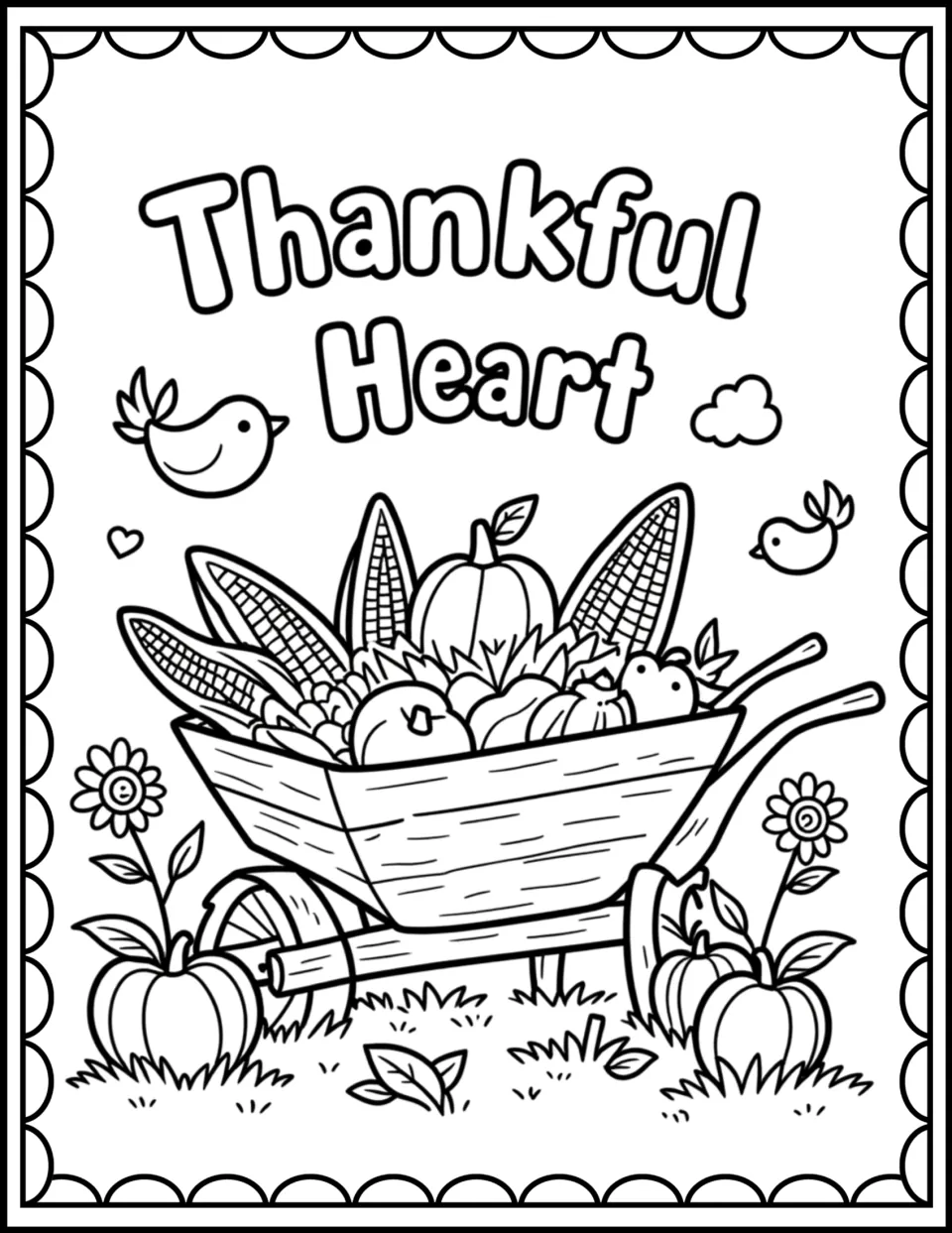 Thankful Heart coloring page: students color a wheelbarrow of corn, pumpkins and vegetables with birds and sunflowers