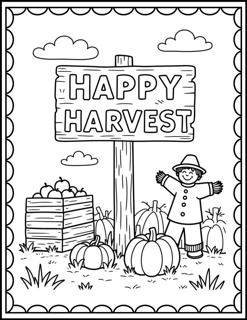 Happy Harvest coloring page: students color a wooden sign, a crate of apples, pumpkins and a waving scarecrow
