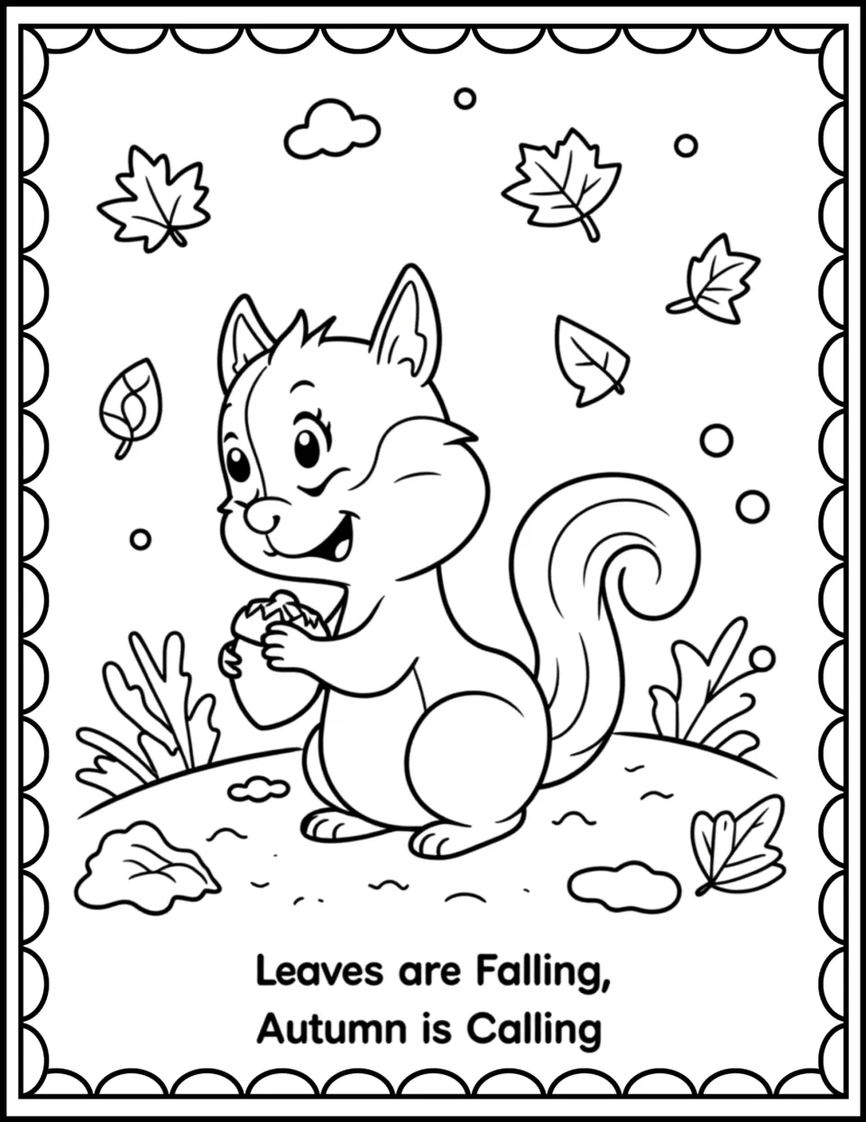 Leaves are Falling, Autumn is Calling: students color a smiling squirrel holding an acorn among falling leaves