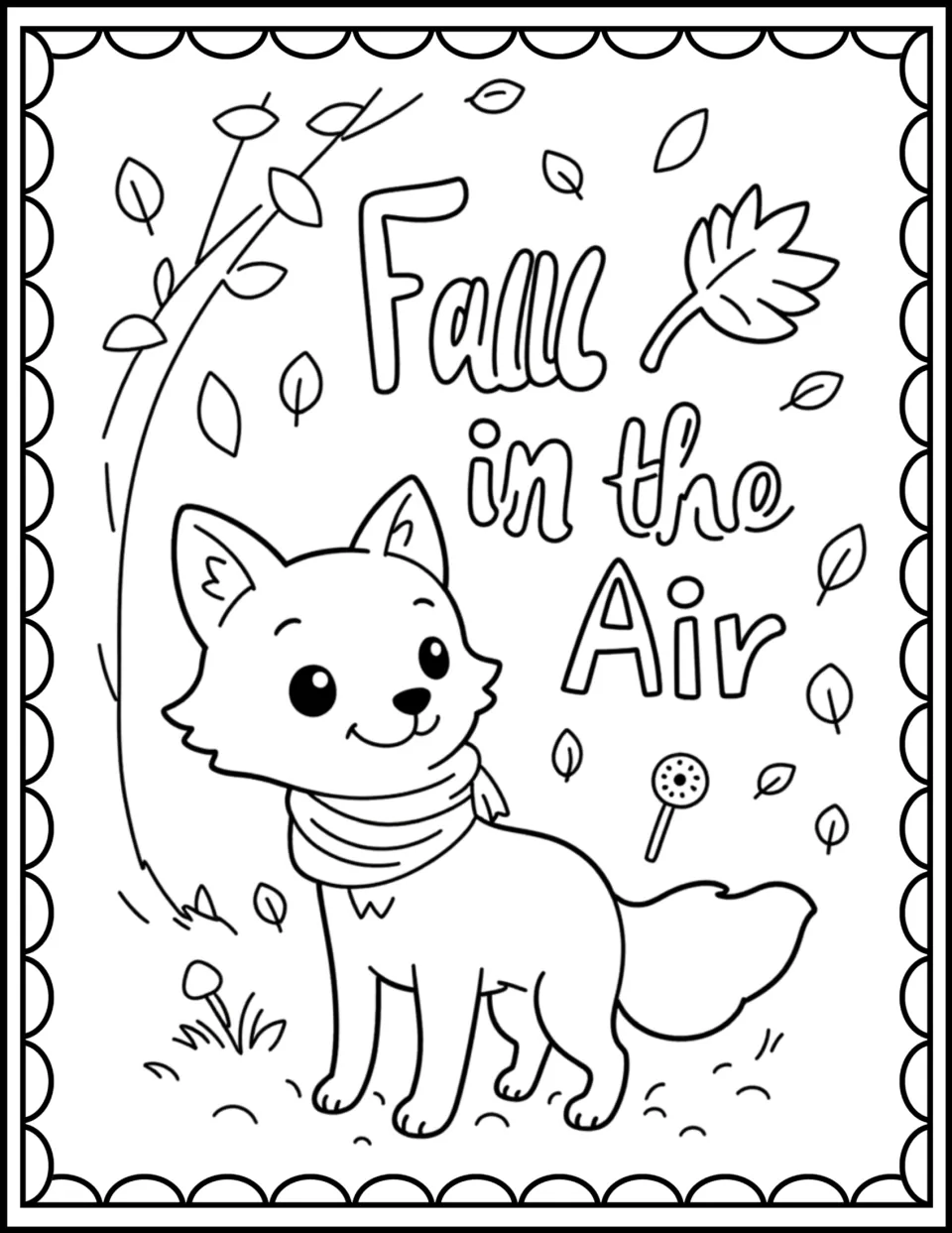 Fall in the Air coloring page: students color a fox pup in a scarf beneath a tree with leaves blowing past