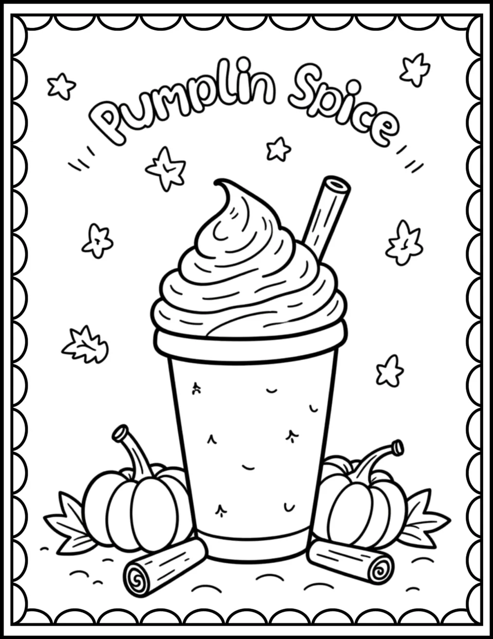 Pumpkin spice drink to color, heading spelled Pumplin Spice: whipped-cream cup, cinnamon sticks and small pumpkins