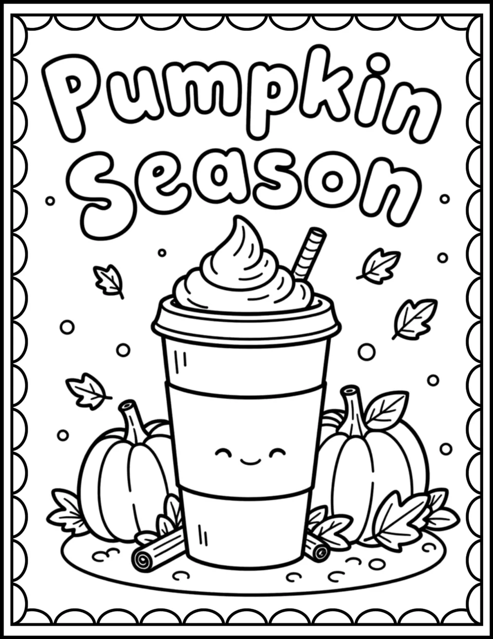 Pumpkin Season coloring page: students color a smiling whipped-cream drink cup with pumpkins, leaves and cinnamon