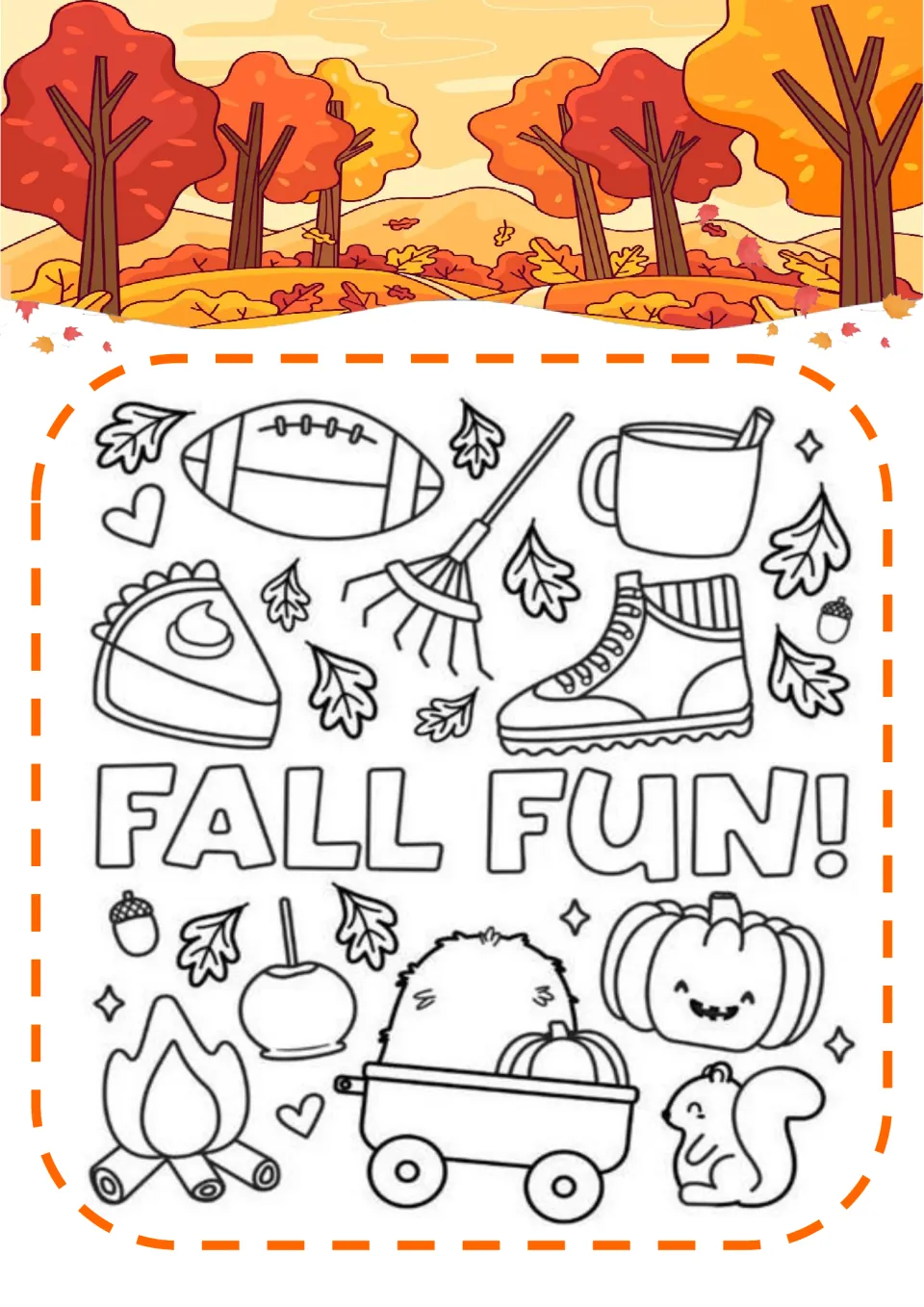 Fall Fun! coloring page: students color a football, rake, pie, boot, pumpkin, campfire, wagon, squirrel and leaves