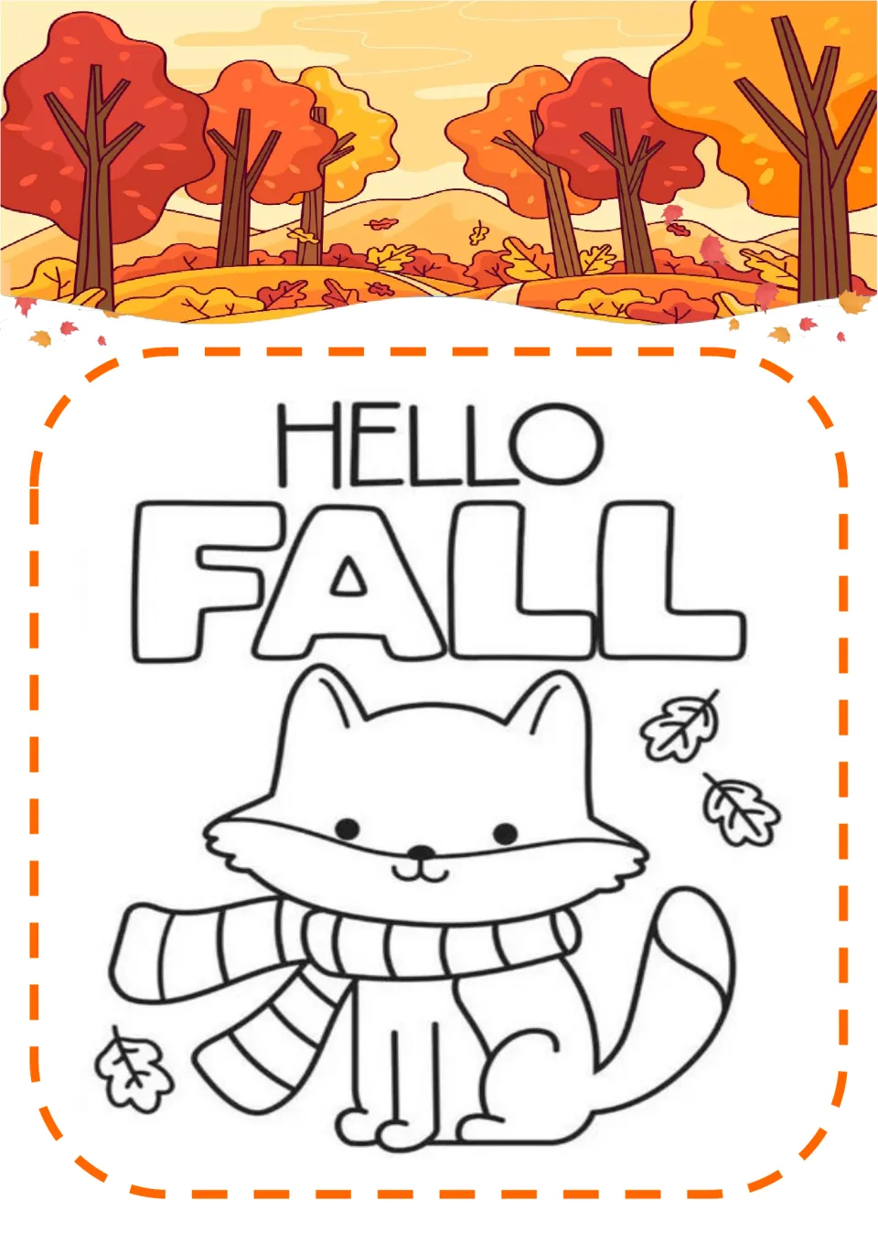 Hello Fall coloring page: students color a smiling fox wearing a striped scarf, with falling leaves beside it